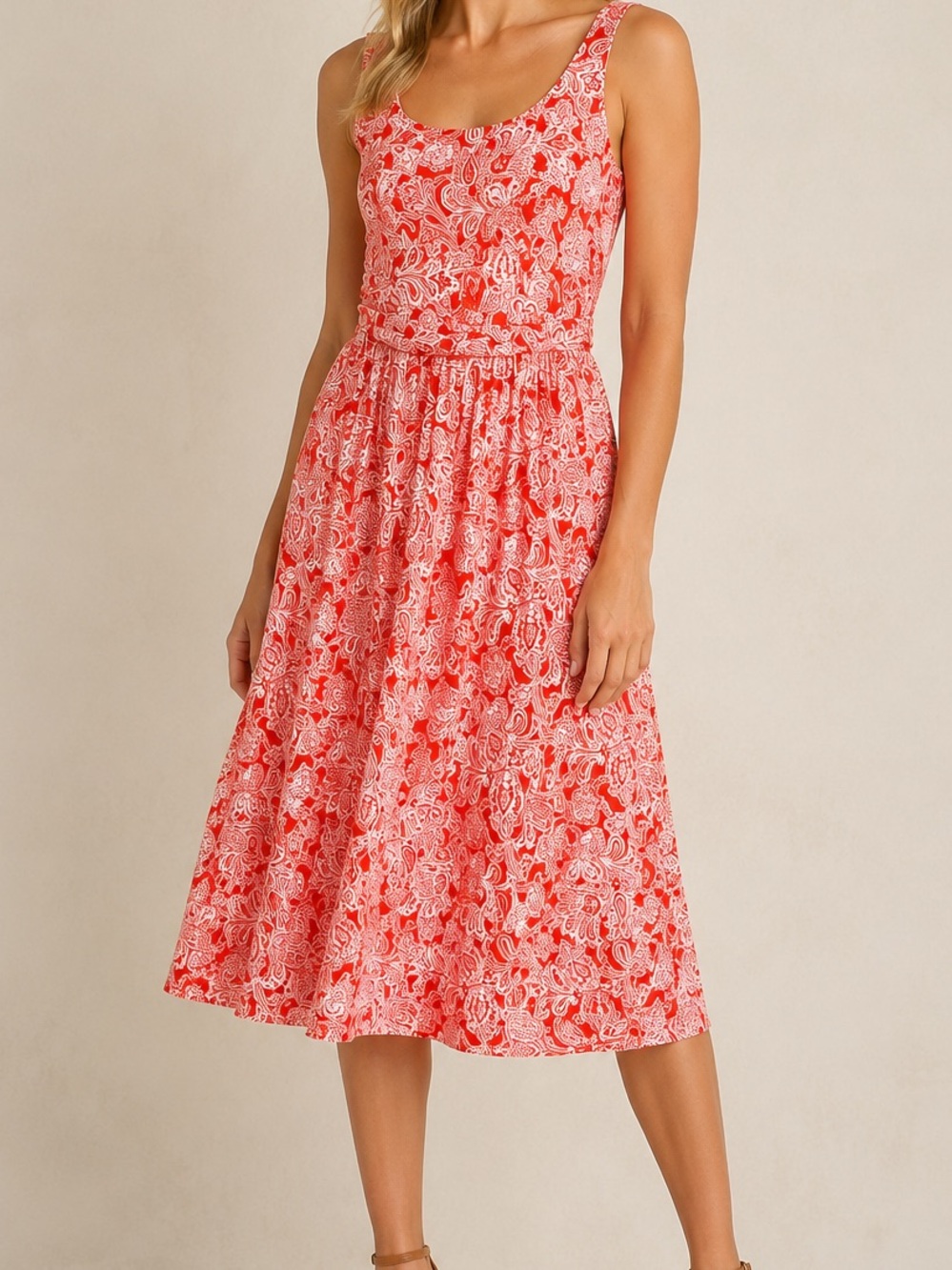 Boden Orange Paisley Sleeveless Midi Dress Size US 4 UK 8 Fit & Flare Stretch